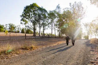 Police officers walking on country road